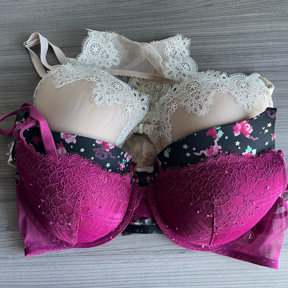 Victoria's Secret Cream, Black, and burgundy Lace Bras bundle of three bras